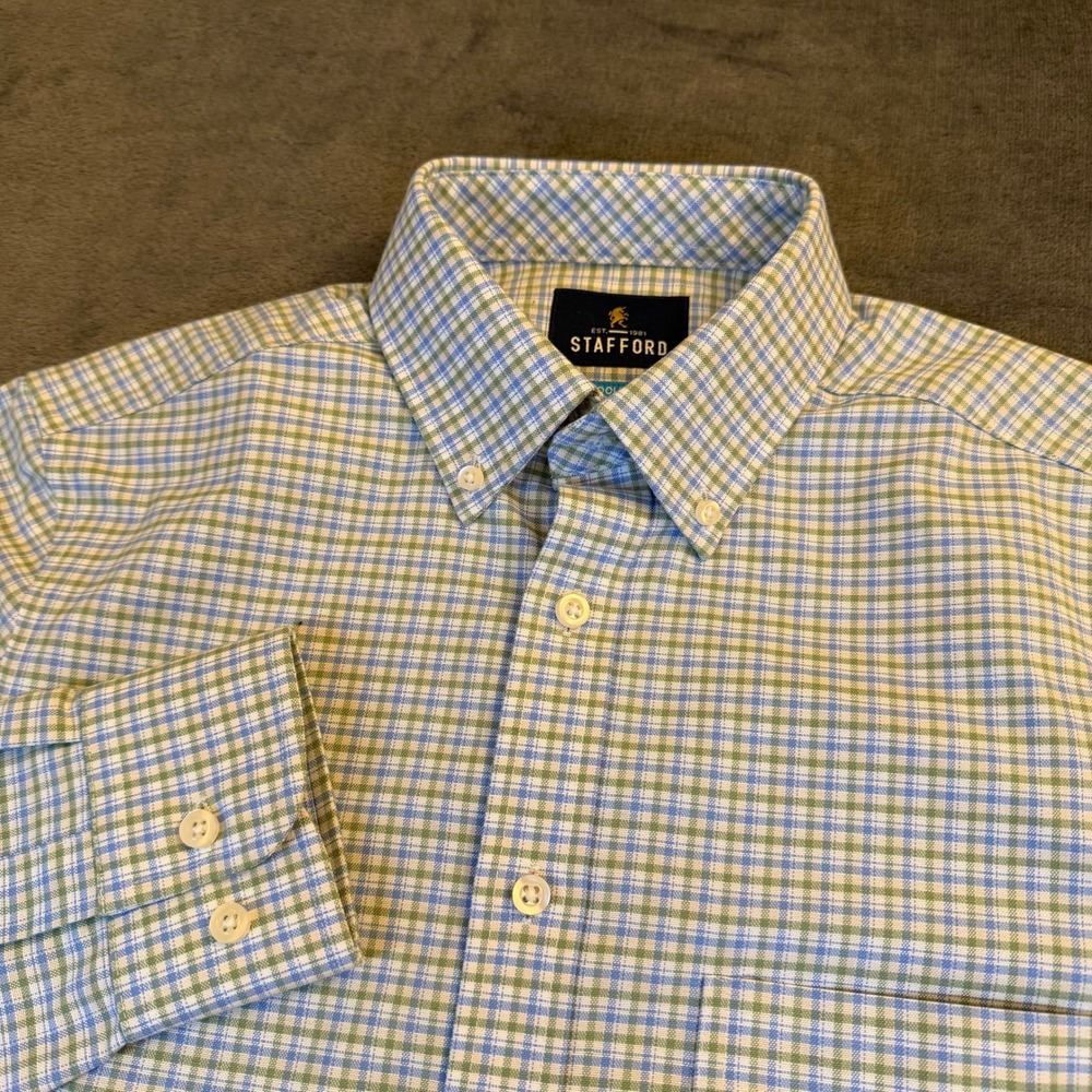 Stafford Slim Fit Button Down Shirt Green Blue Plaid Mens Small 14-14.5 32/33
